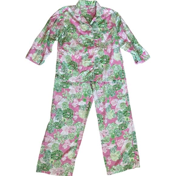 Lilly Pulitzer RARE Pick of The Bunch Sateen Pajama Set Green Pink Size Medium - Picture 2 of 10
